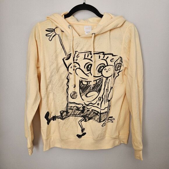 Nickelodeon Hooded Sweatshirt Spongebob Sketch Graphic Light Yellow Black Casual - Picture 7 of 7